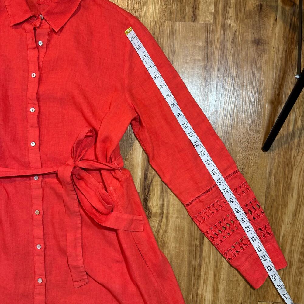 120% Lino Coral Bold Pink Linen Natural Fiber Italian Summer Eyelet Dress L / 48 - Picture 8 of 10